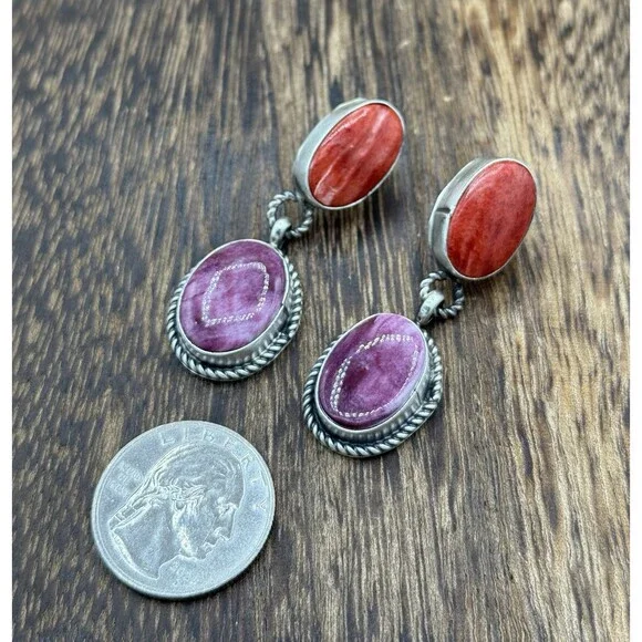 Navajo Handmade Sterling Silver Mixed Spiny Oyster Shell Post Dangle Earrings